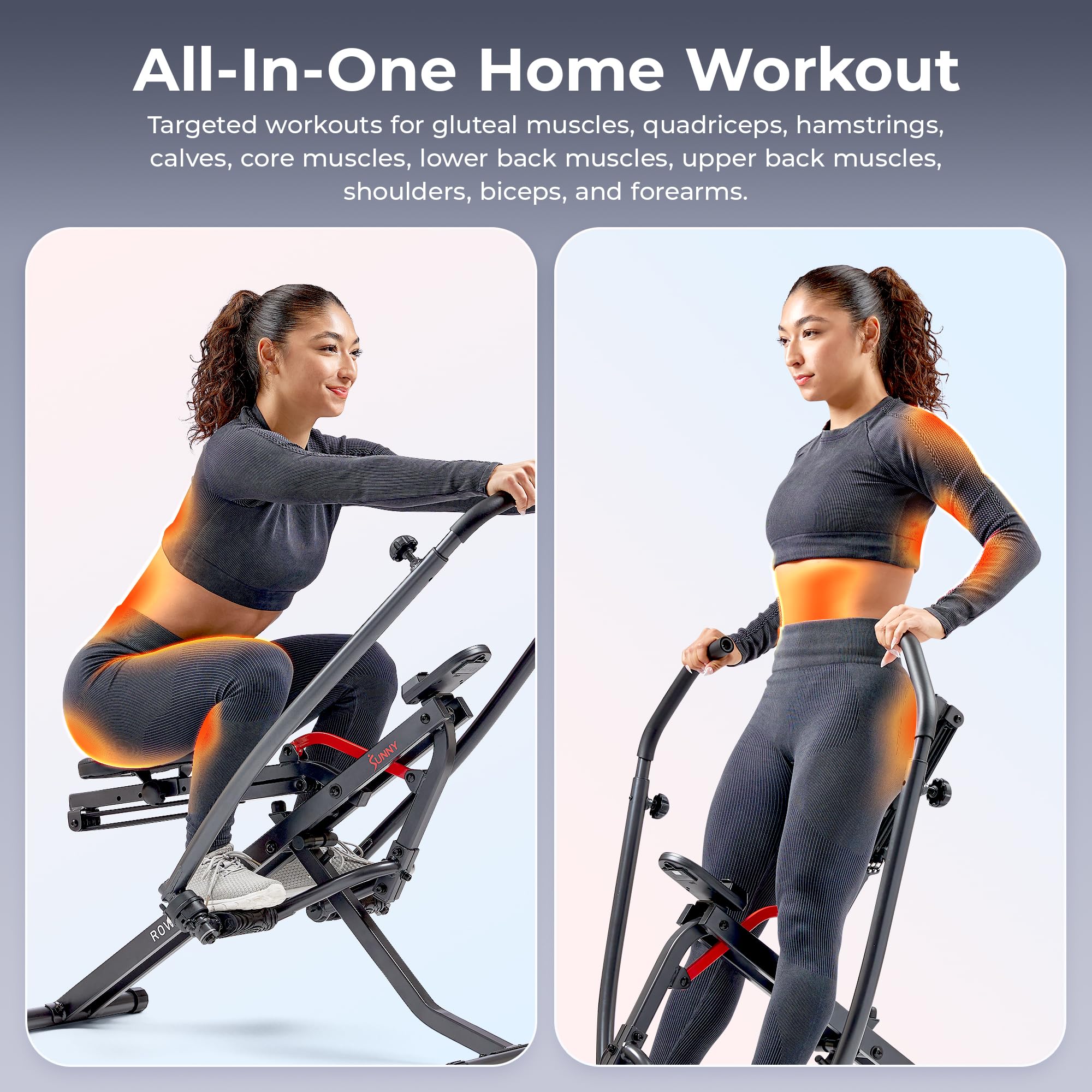 Craques compact rowing machine for home gym with woman demonstrating full-body workout benefits