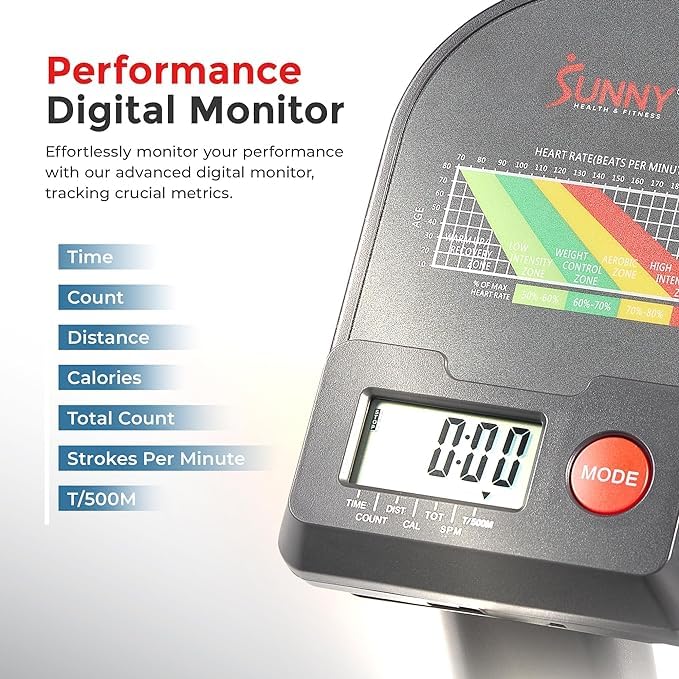 Performance digital monitor on compact rowing machine for home gym tracking time, count, distance, calories, strokes per minute