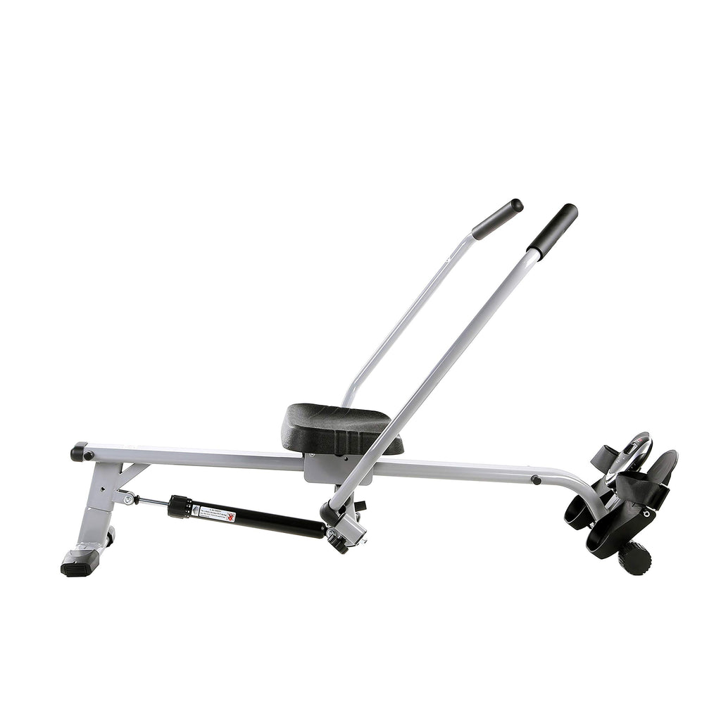Craques compact rowing machine for home gym with black seat and silver frame
