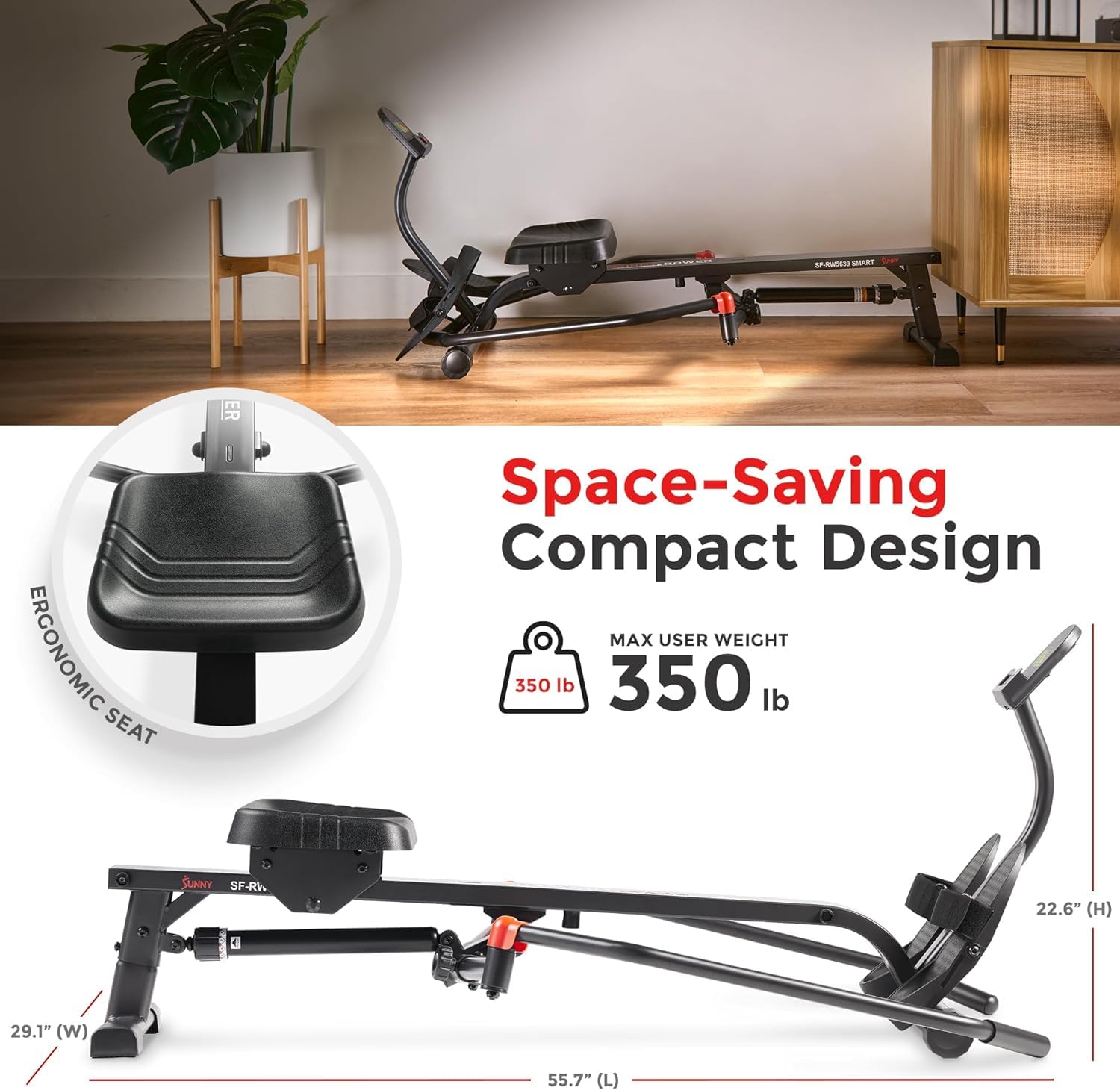 Compact rowing machine for home gym by Craques with ergonomic seat and space-saving design