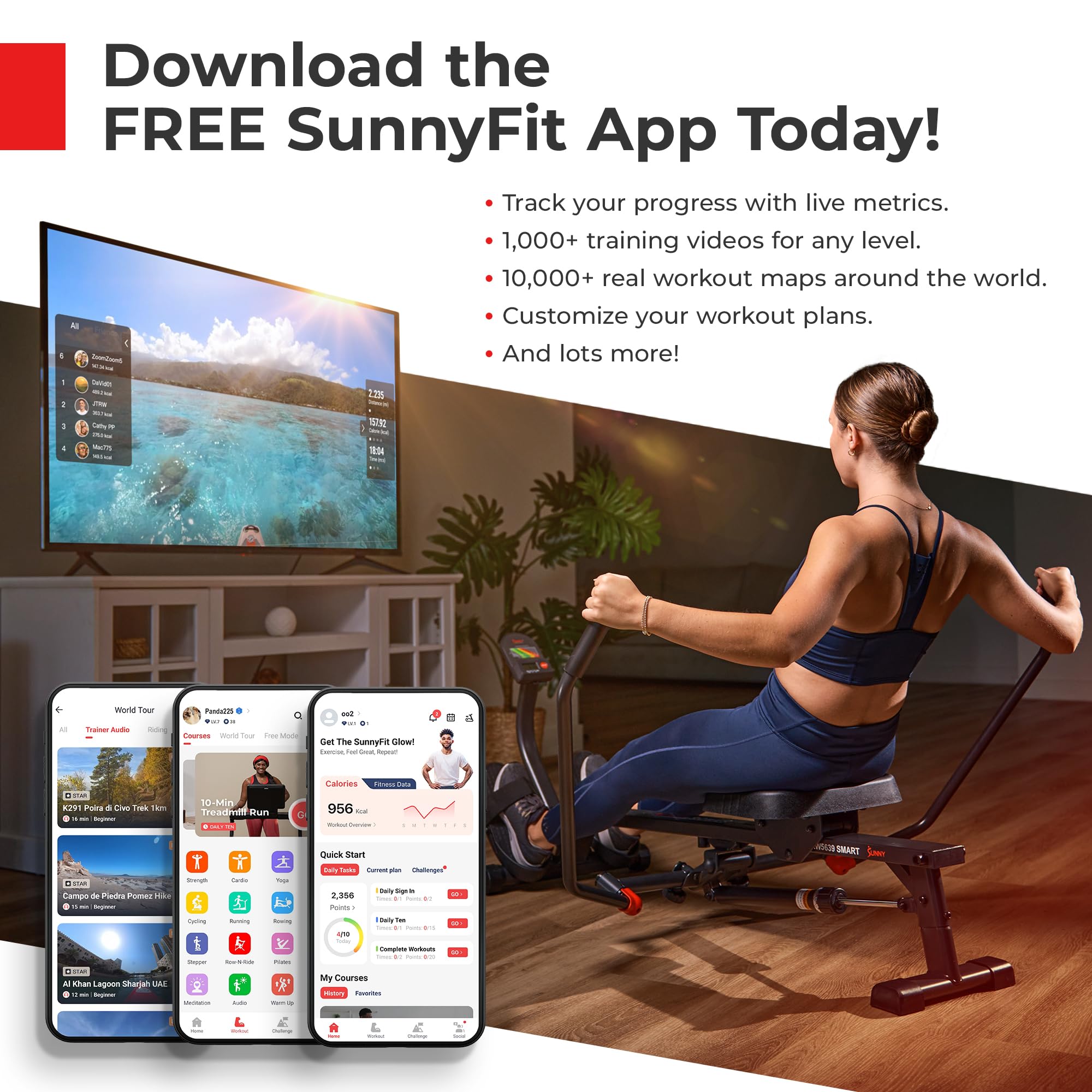 Compact rowing machine for home gym used by woman with SunnyFit app shown on phone screens and TV