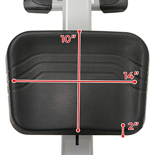 Seat measurements of a compact rowing machine for home gym showing 14 by 10 inches with 2 inch thickness
