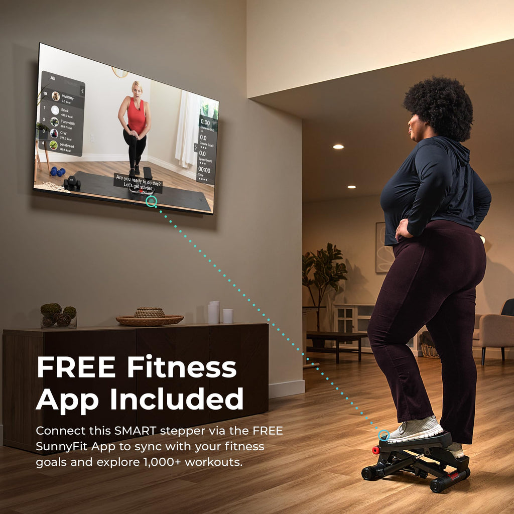 Craques mini stepper for home use with fitness app sync shown in a living room workout