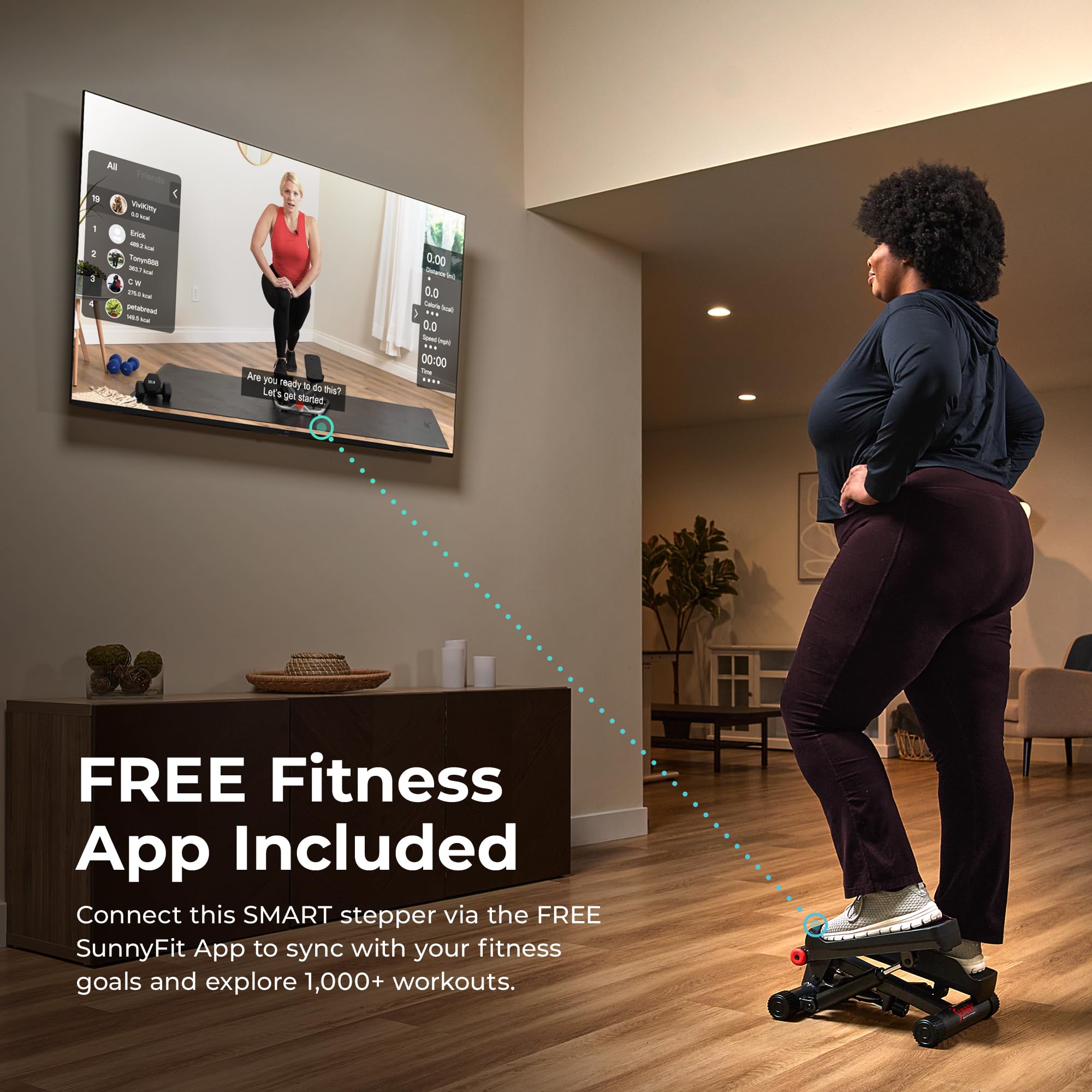 Craques mini stepper for home use with fitness app sync shown in a living room workout