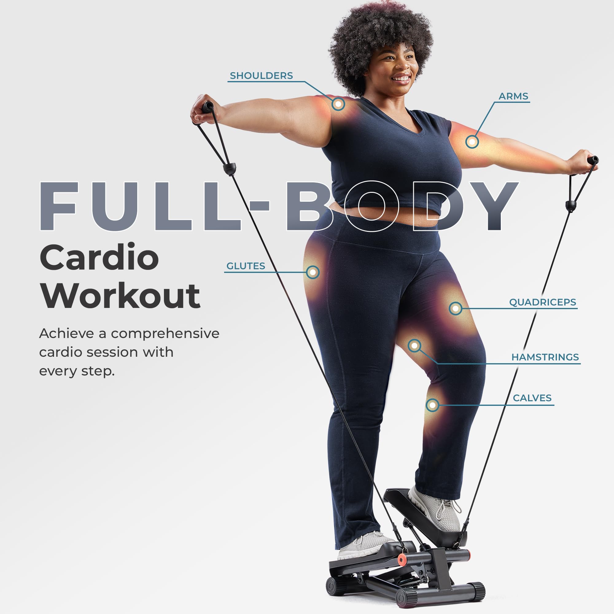 Woman using craques mini stepper for home use with resistance bands for full body cardio workout