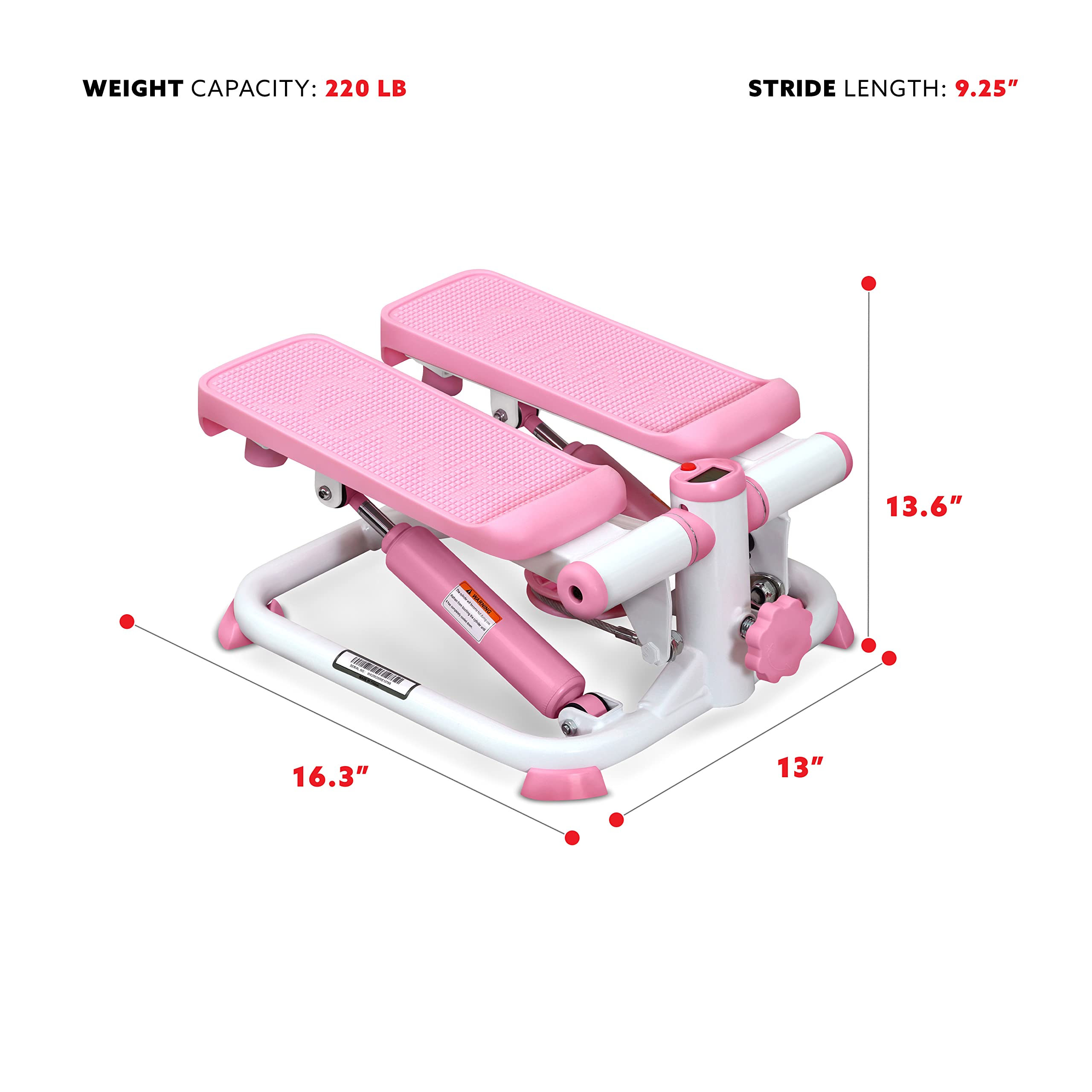 Pink and white mini stepper for home use with dimensions and 220 lb weight capacity