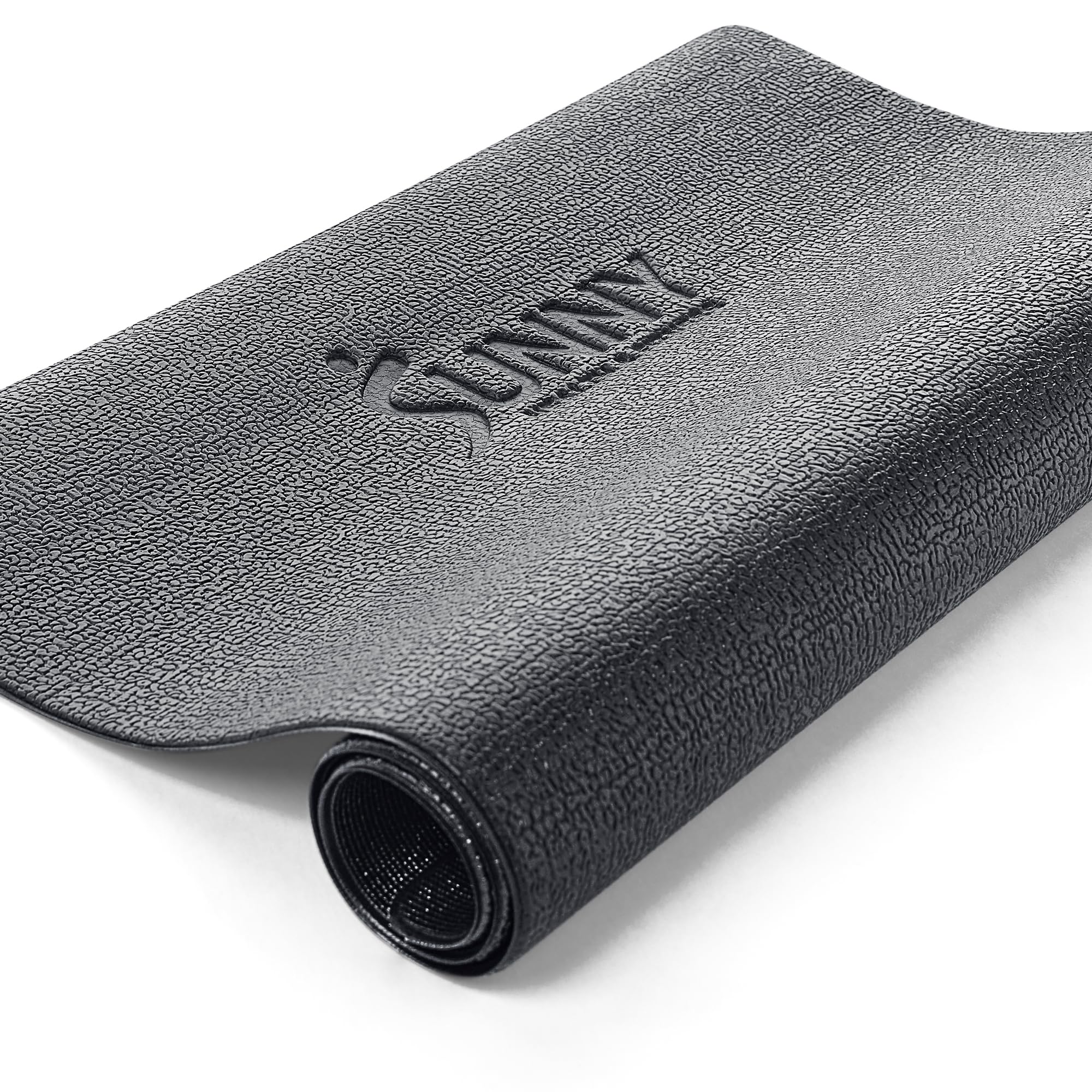 Black textured exercise mat rolled up with Sunny logo for mini stepper for home use