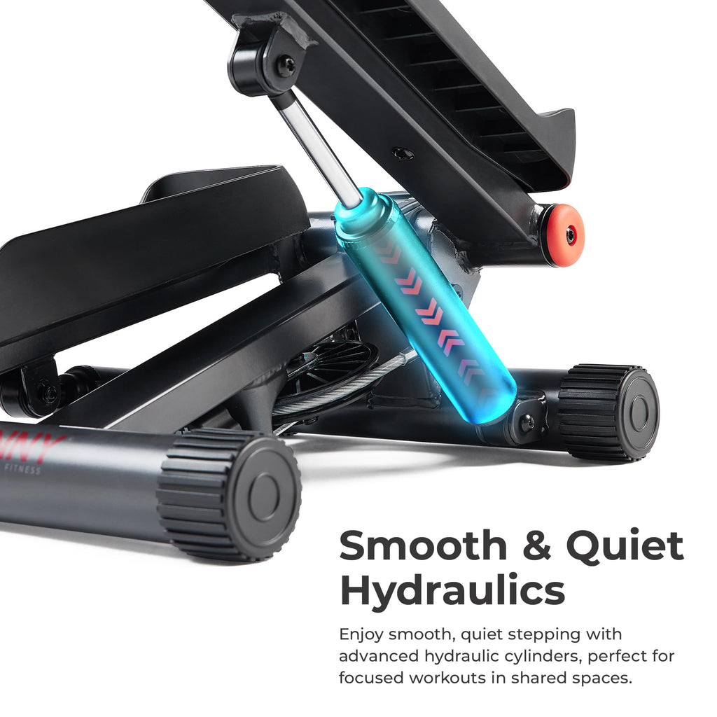 Close-up of craques mini stepper for home use showing smooth and quiet hydraulic cylinders