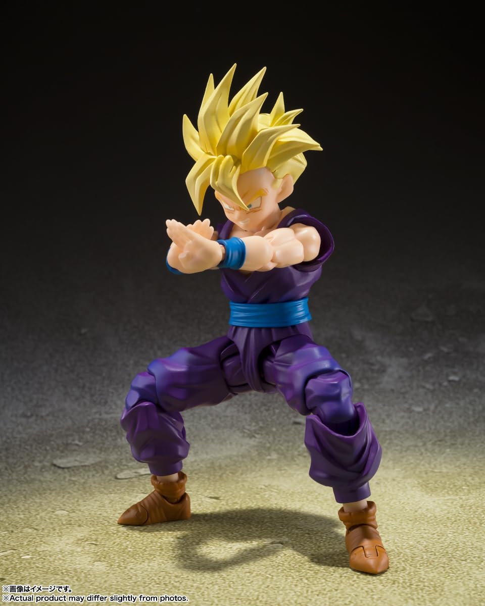 Super Saiyan Gohan action figure in purple outfit with yellow hair in fighting pose by craques
