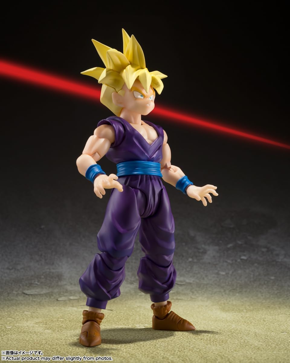 Super Saiyan Gohan action figure in purple outfit with yellow spiky hair standing on textured surface