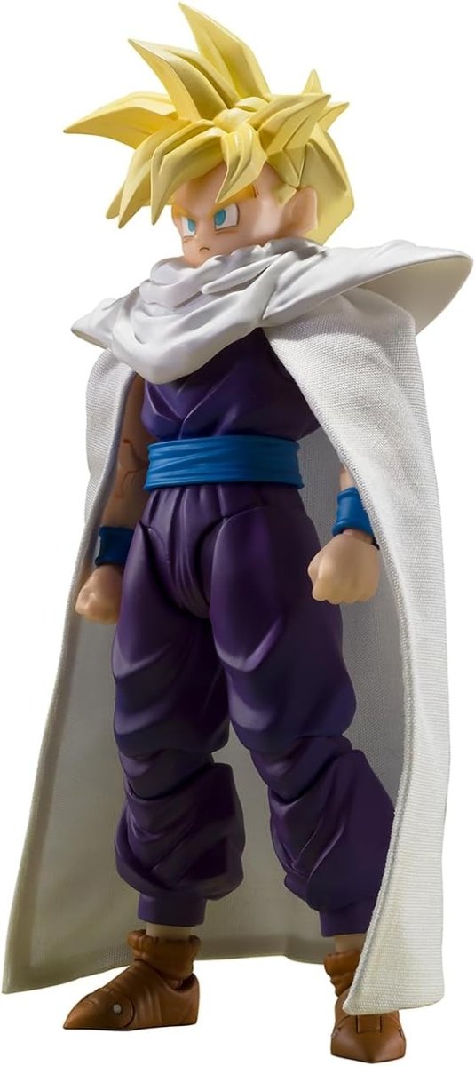 Craques Super Saiyan Gohan action figure with blonde hair and white cape in purple outfit
