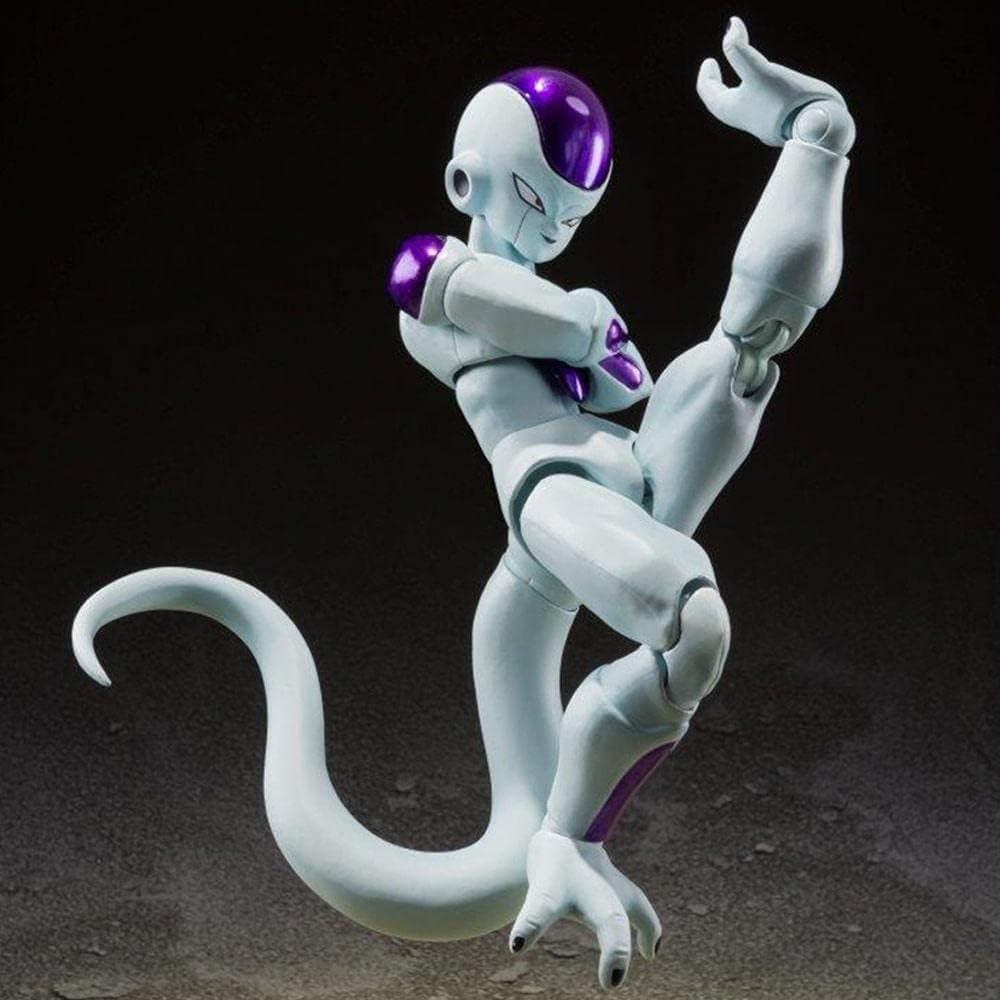 Tamashi Nations Frieza action figure in white and purple posed with dynamic raised leg on dark background
