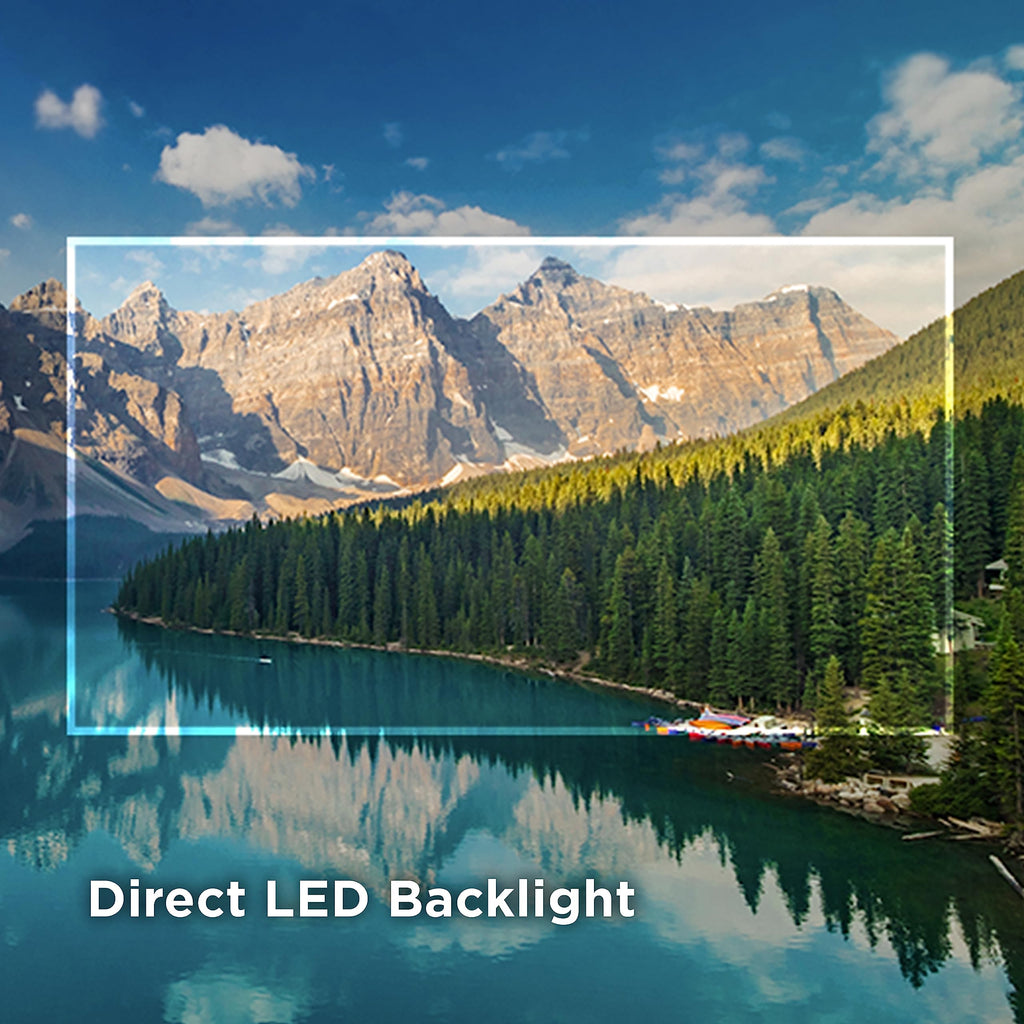 Scenic mountain landscape displayed on a TCL 55 inch 4K smart TV with direct LED backlight
