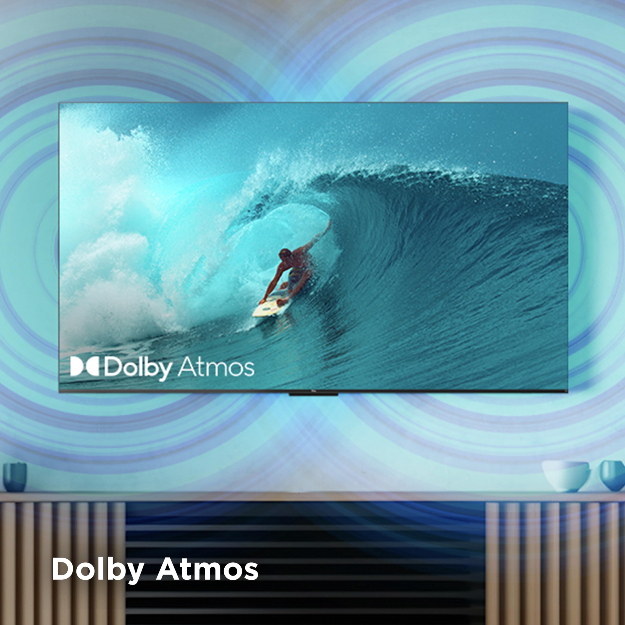 Craques TCL 55 inch 4K smart TV displaying a surfer in a wave with Dolby Atmos sound feature