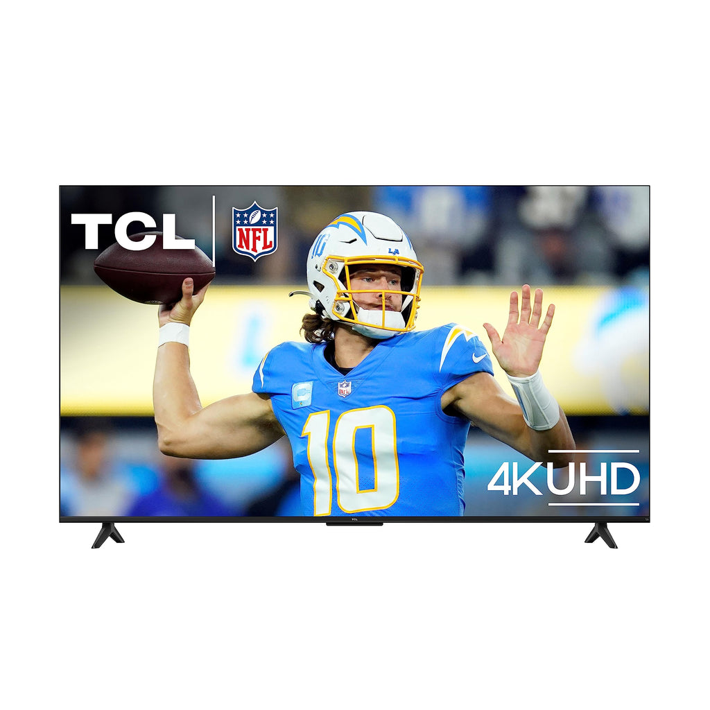 TCL 55 inch 4K smart TV displaying an NFL football game with player in blue uniform throwing a pass