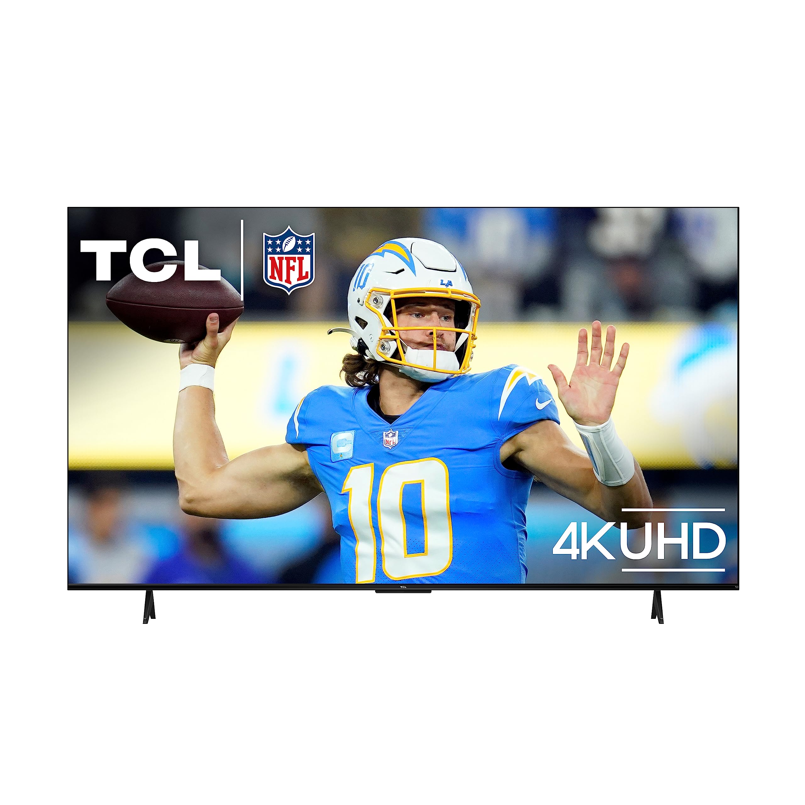TCL 55 inch 4K smart TV displaying an NFL football game with a player throwing the ball in blue uniform