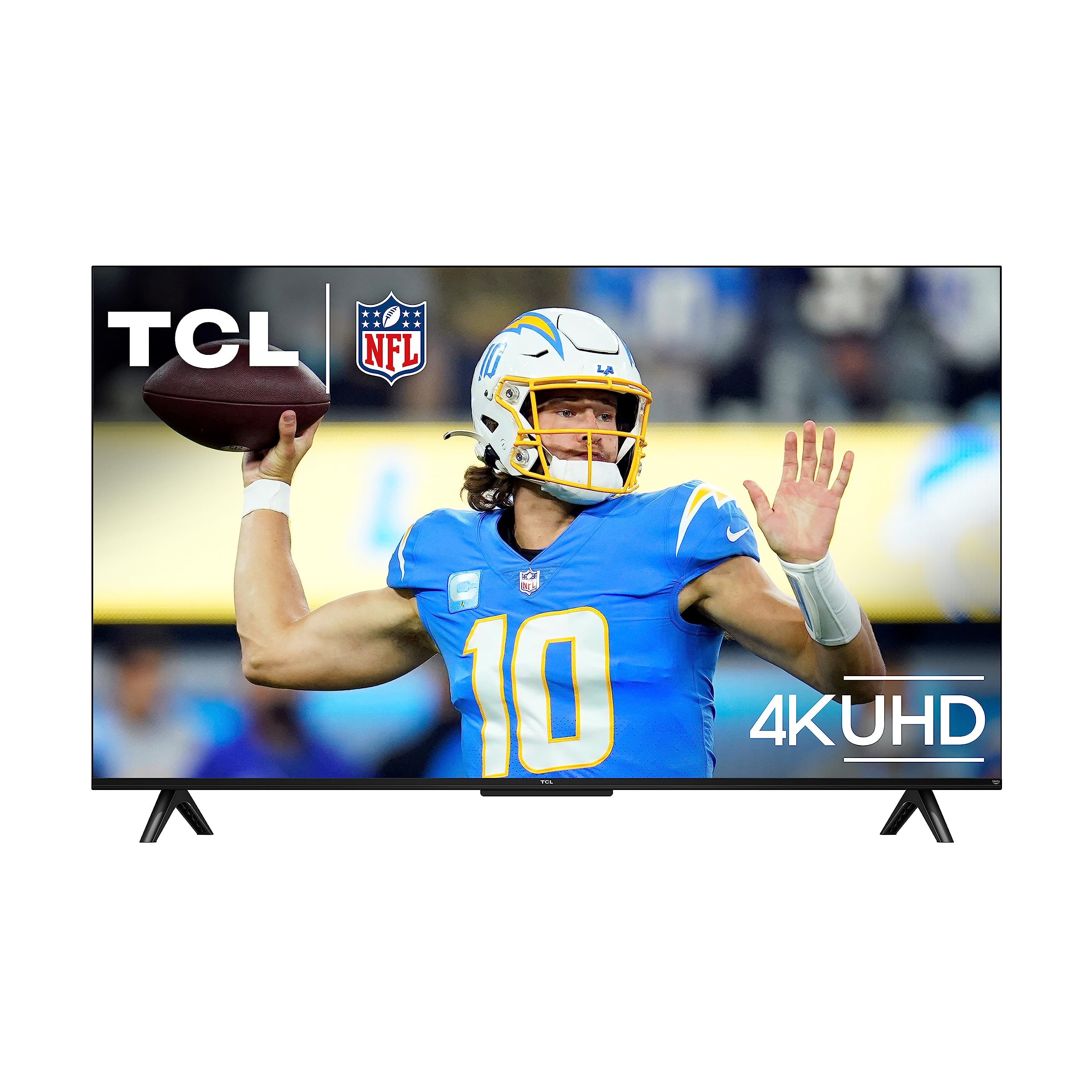 TCL 55 inch 4K smart TV displaying a football player throwing a pass during an NFL game