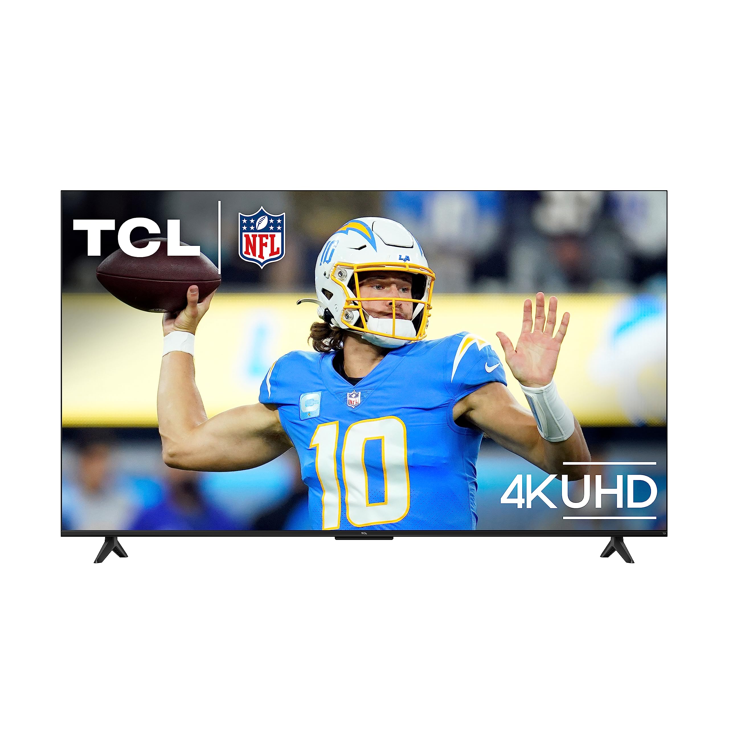 TCL 55 inch 4K smart TV displaying an NFL football game with a quarterback in blue uniform