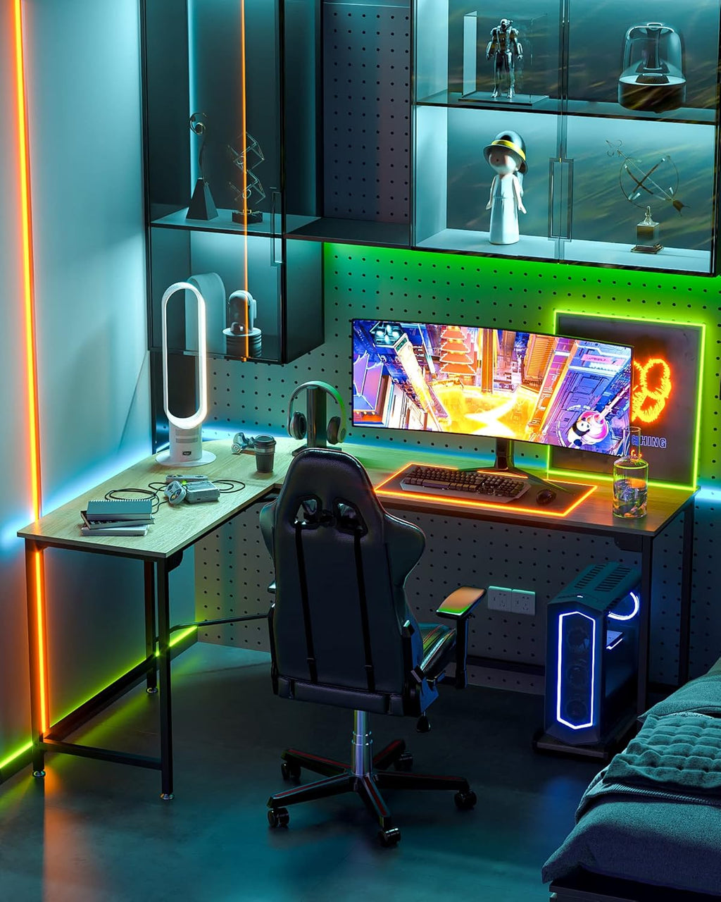 Craques modern l shaped desk for home office with LED lighting setup and gaming chair