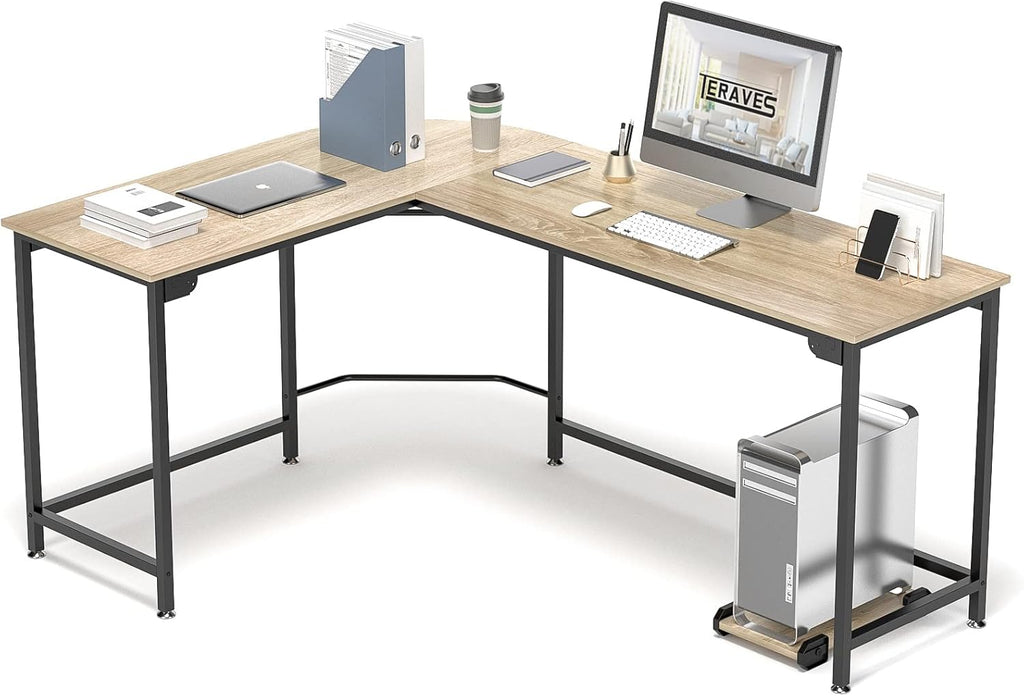 Craques modern l shaped desk for home office with wood surface and black metal frame holding computer and office supplies