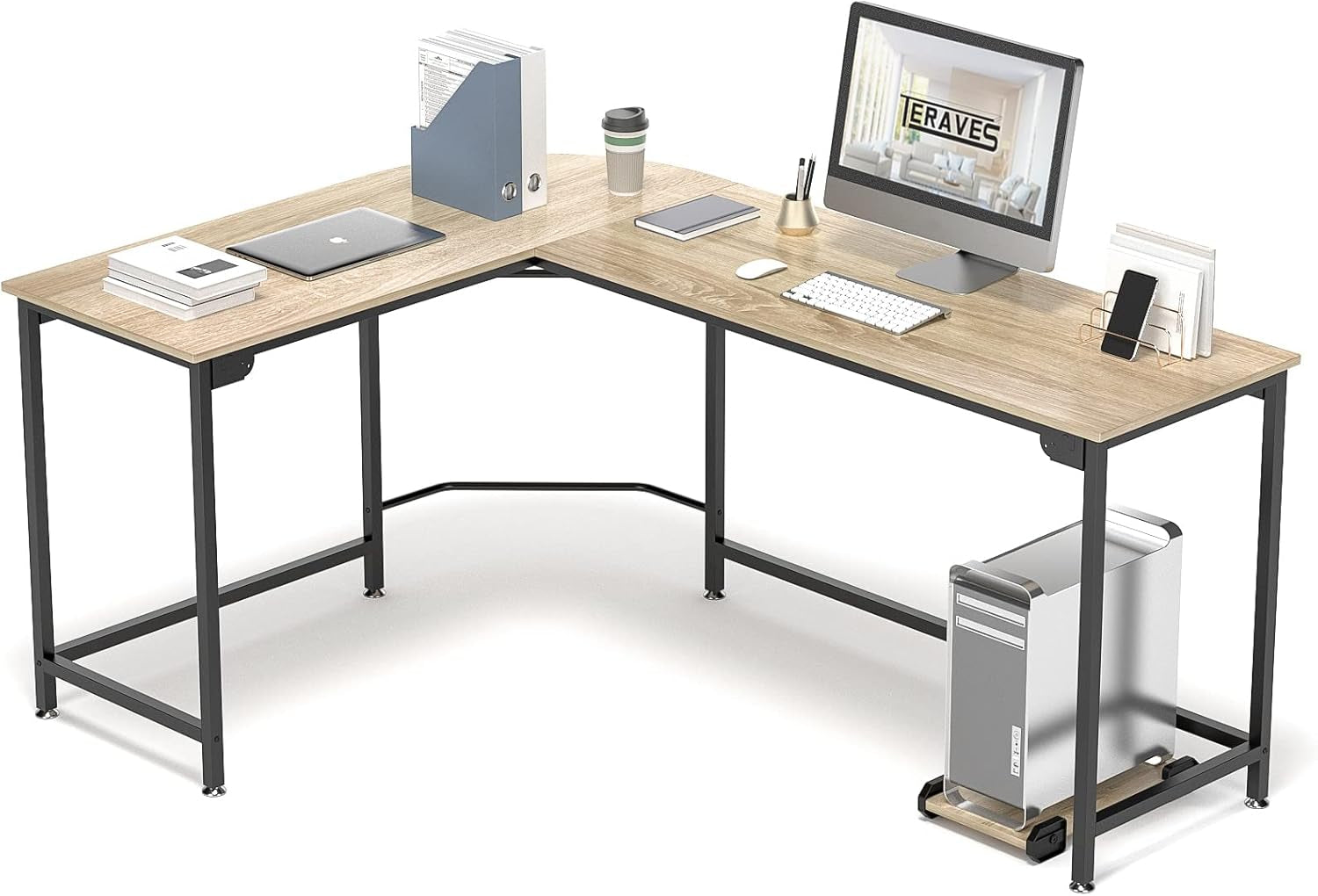 Craques modern l shaped desk for home office with wood surface and black metal frame holding computer and office supplies