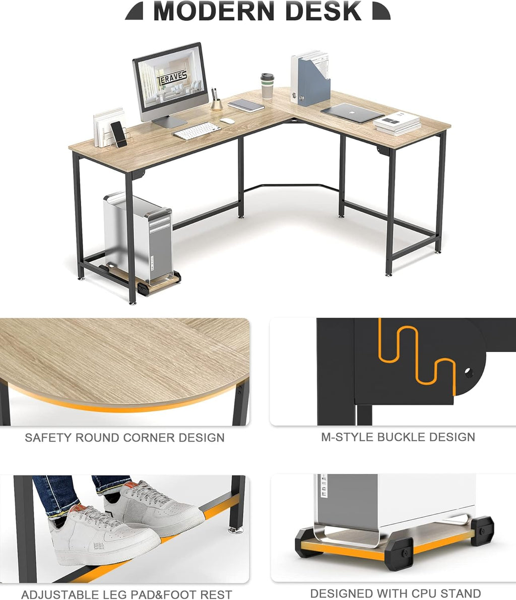 Modern l shaped desk for home office with wood top, black metal frame, adjustable leg pads, and CPU stand