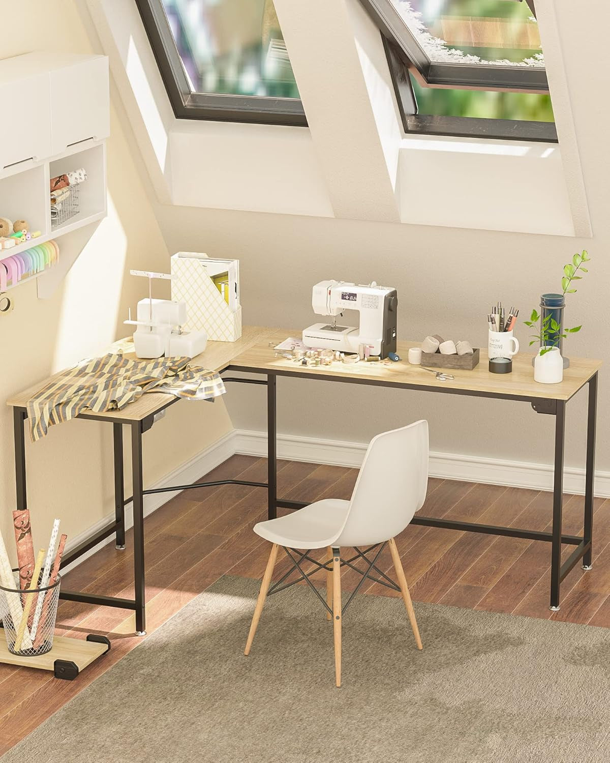 Craques modern l shaped desk for home office with light wood surface and black metal frame