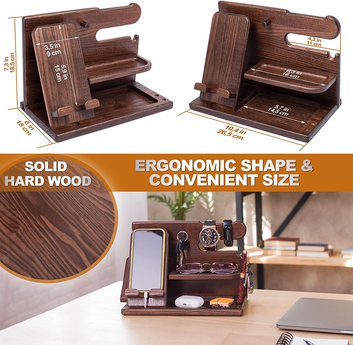 Craques Wood Phone Docking Station for Men with Organizer - Bourbon Brown