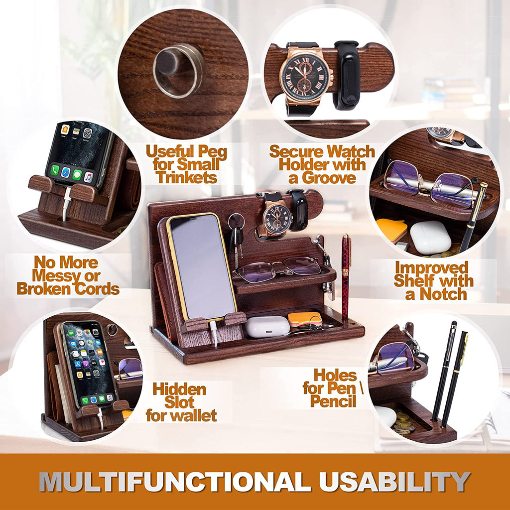 Craques Wood Phone Docking Station for Men with Organizer - Bourbon Brown