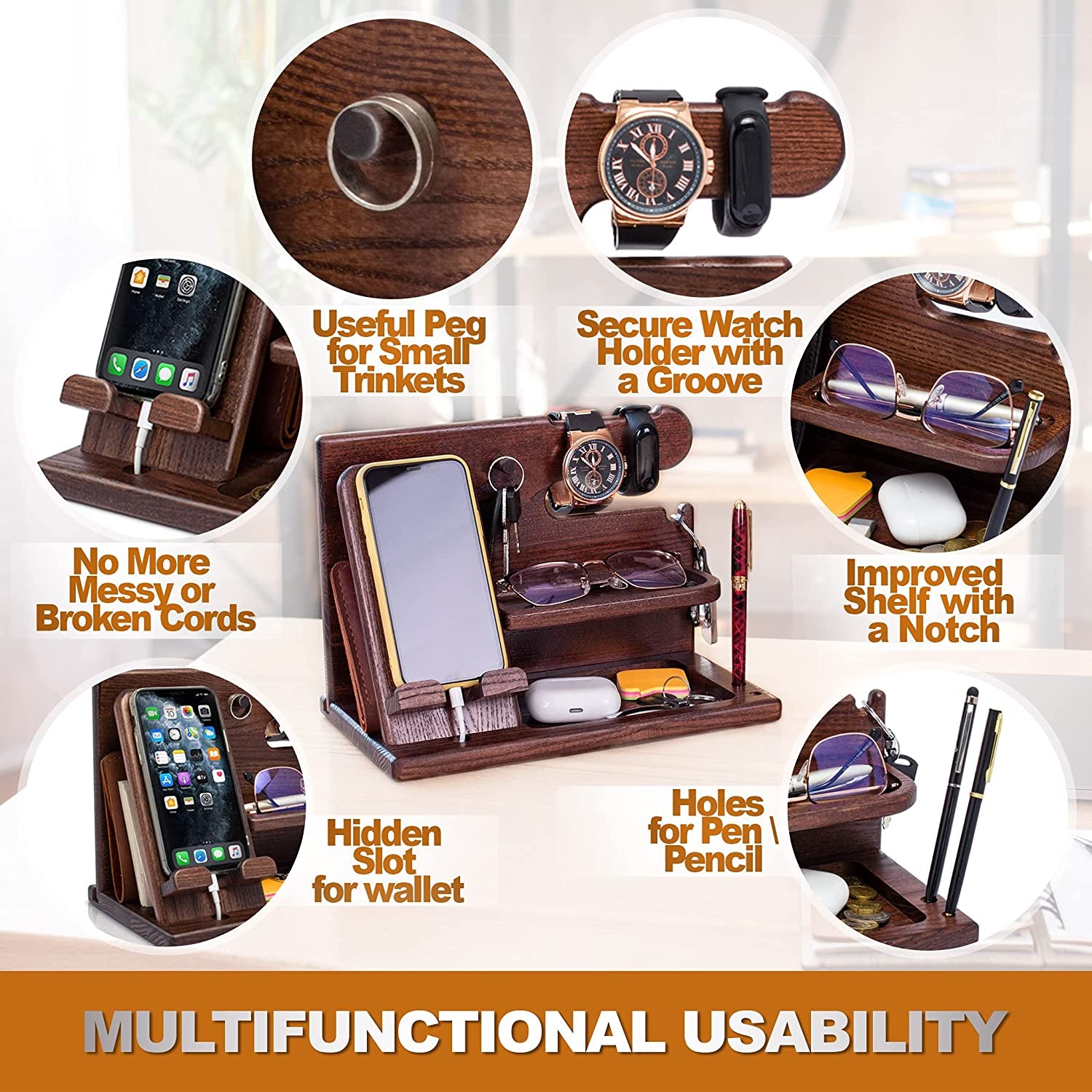 Wood phone docking station for men with watch holder, shelf, pen holes, wallet slot, and trinket peg