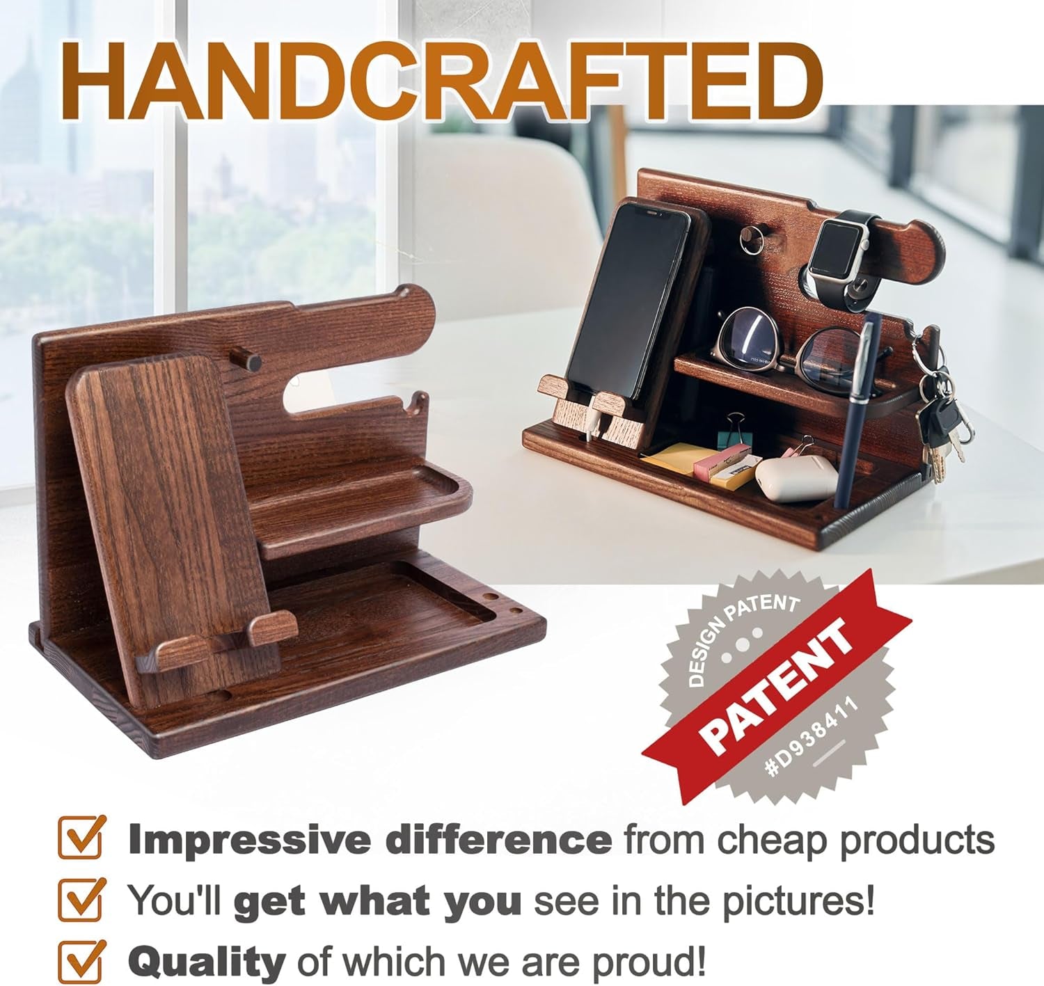 Handcrafted wood phone docking station for men by craques with multiple slots for accessories