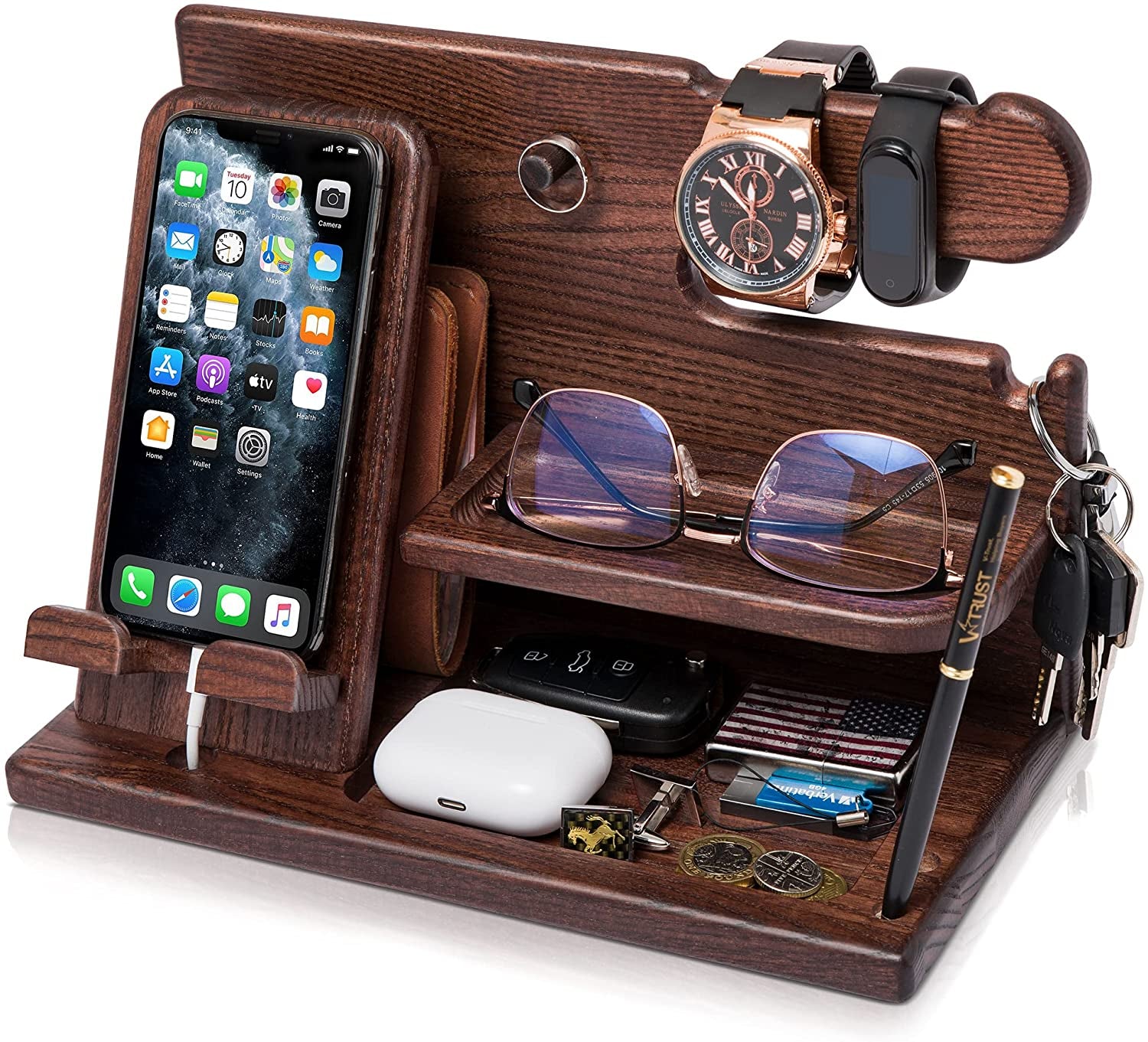 Wood phone docking station for men by craques with compartments for phone, watch, glasses, keys, and accessories