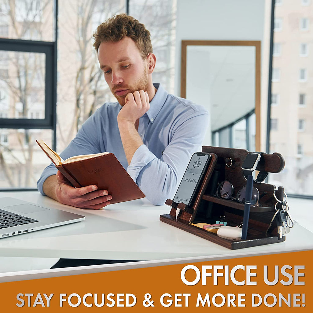 Craques Wood Phone Docking Station for Men with Organizer - Bourbon Brown