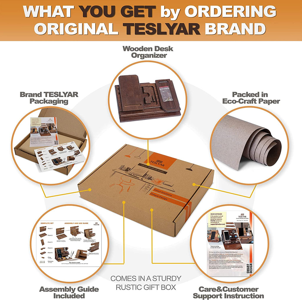 Craques Wood Phone Docking Station for Men with Organizer - Bourbon Brown