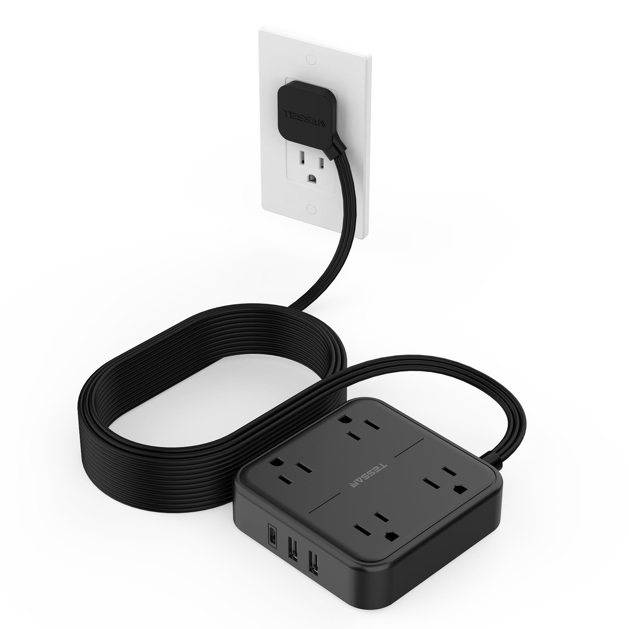 craques flat plug extension cord 5 feet in black with multiple outlets and USB ports connected to wall socket