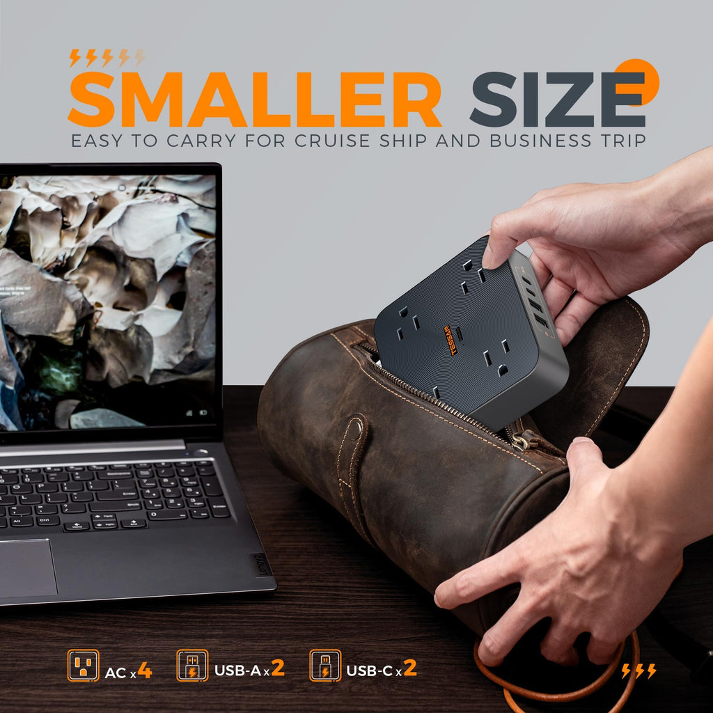 Craques flat plug extension cord 5 feet compact size with multiple sockets being packed into a leather bag