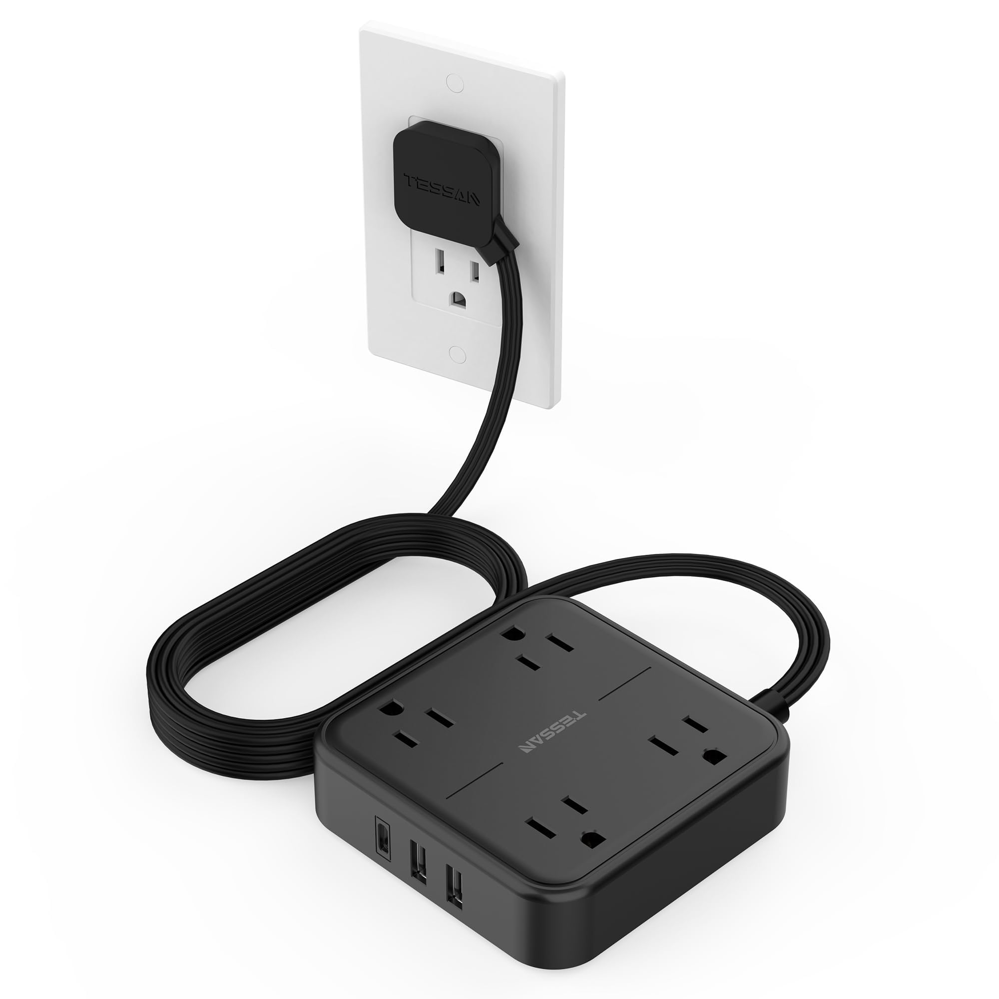 Flat plug extension cord 5 feet with black power strip featuring multiple outlets and USB ports