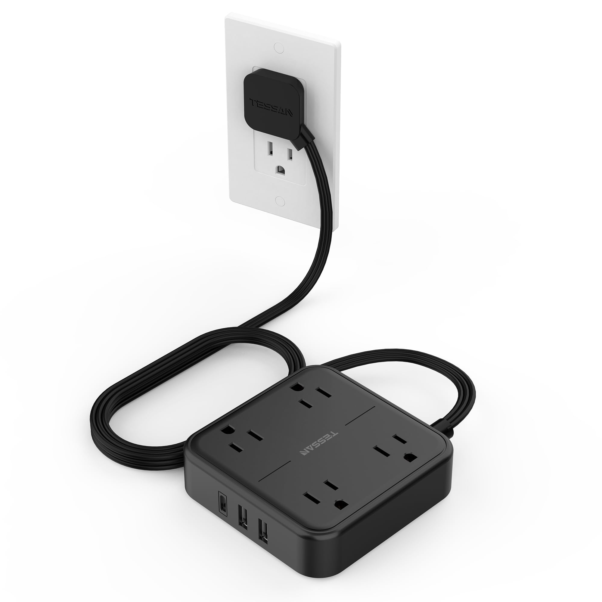 Craques black flat plug extension cord 5 feet with multiple outlets and USB ports