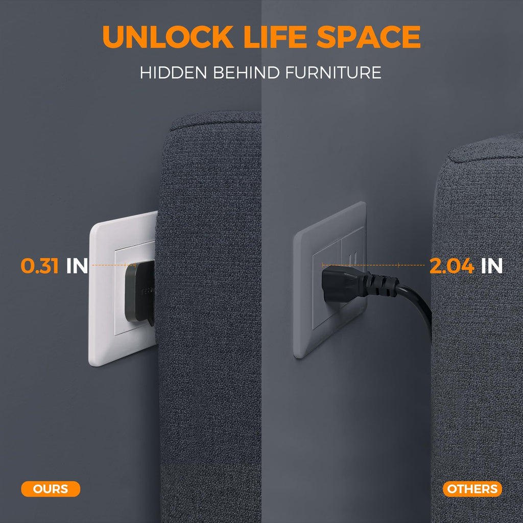 Craques flat plug extension cord 5 feet shown saving space behind furniture compared to standard plug