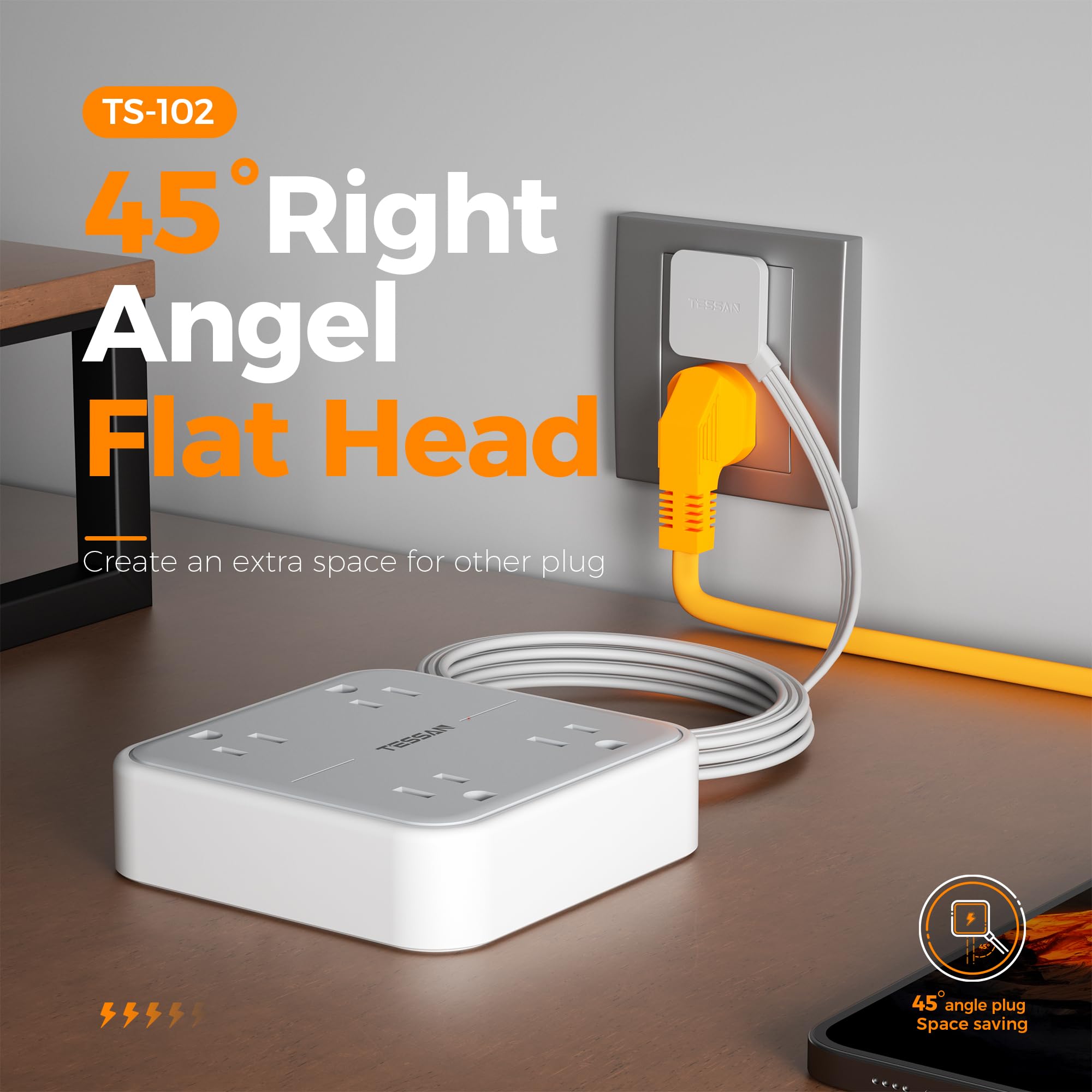Orange flat plug extension cord 5 feet with 45 degree right angle flat head plugged into wall outlet near white power strip