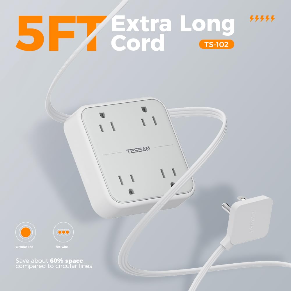 Craques flat plug extension cord 5 feet with extra long white cord and multiple outlets