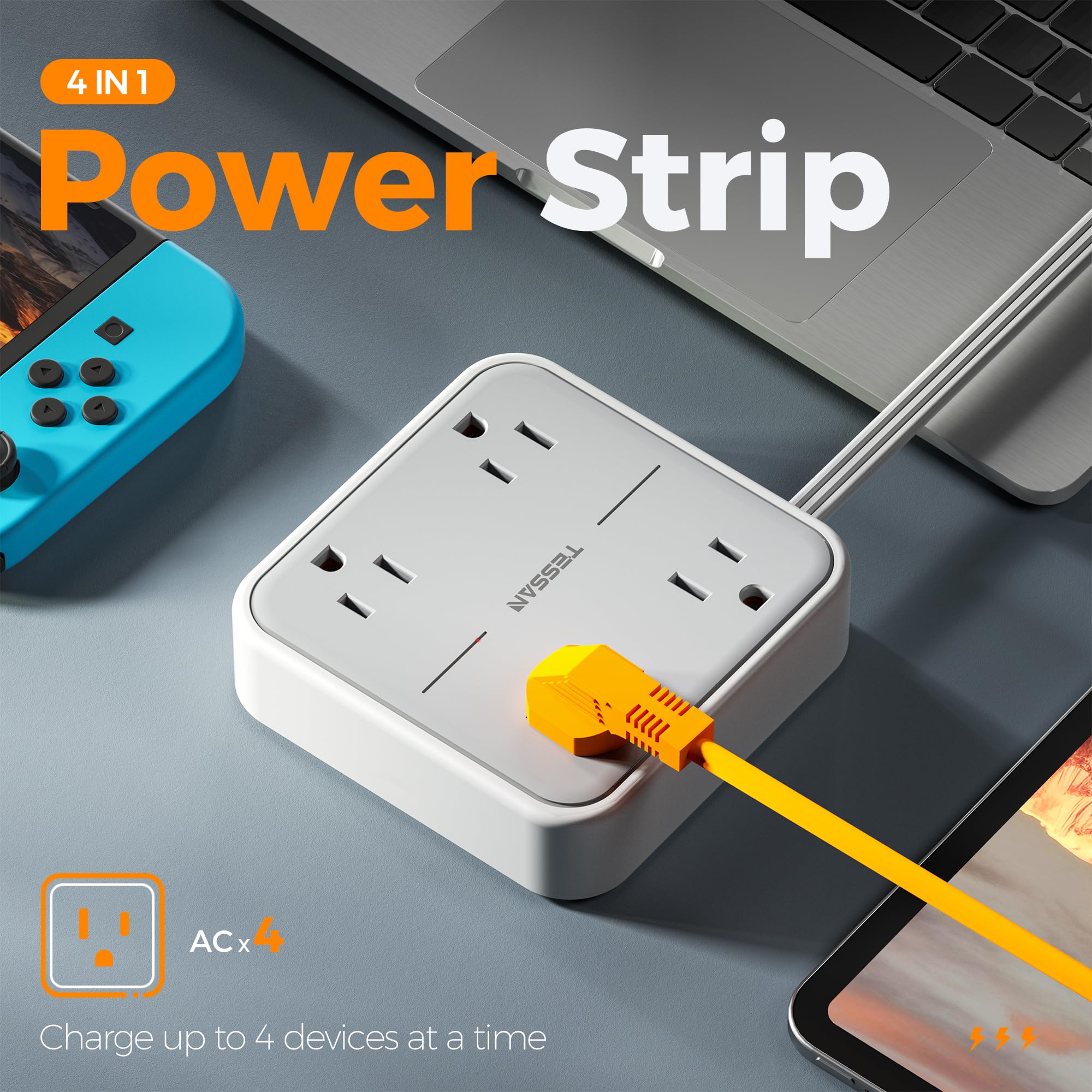 Craques flat plug extension cord 5 feet power strip with 4 AC outlets for charging multiple devices