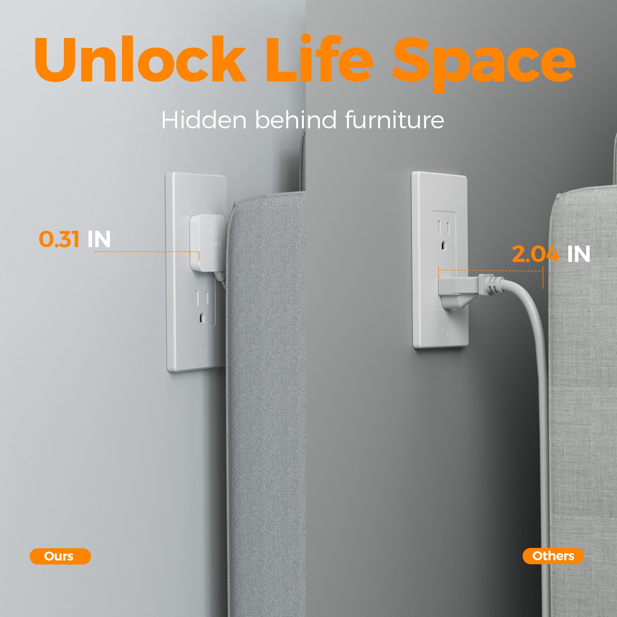 Craques flat plug extension cord 5 feet shown hidden behind furniture to save space