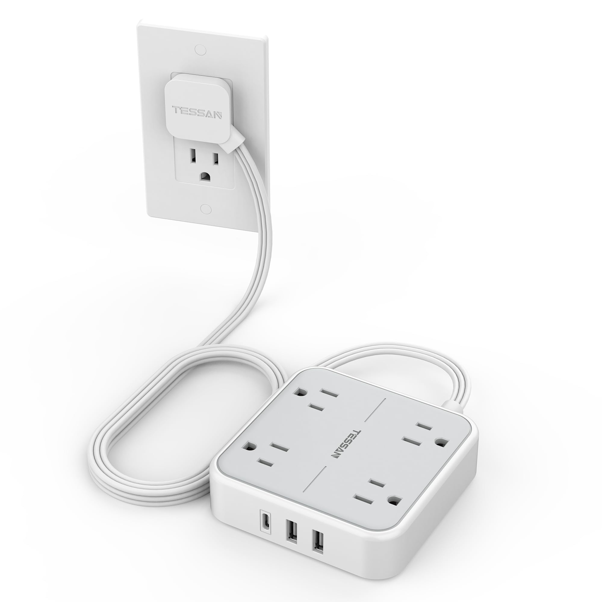 Craques flat plug extension cord 5 feet with four outlets and three USB ports in white