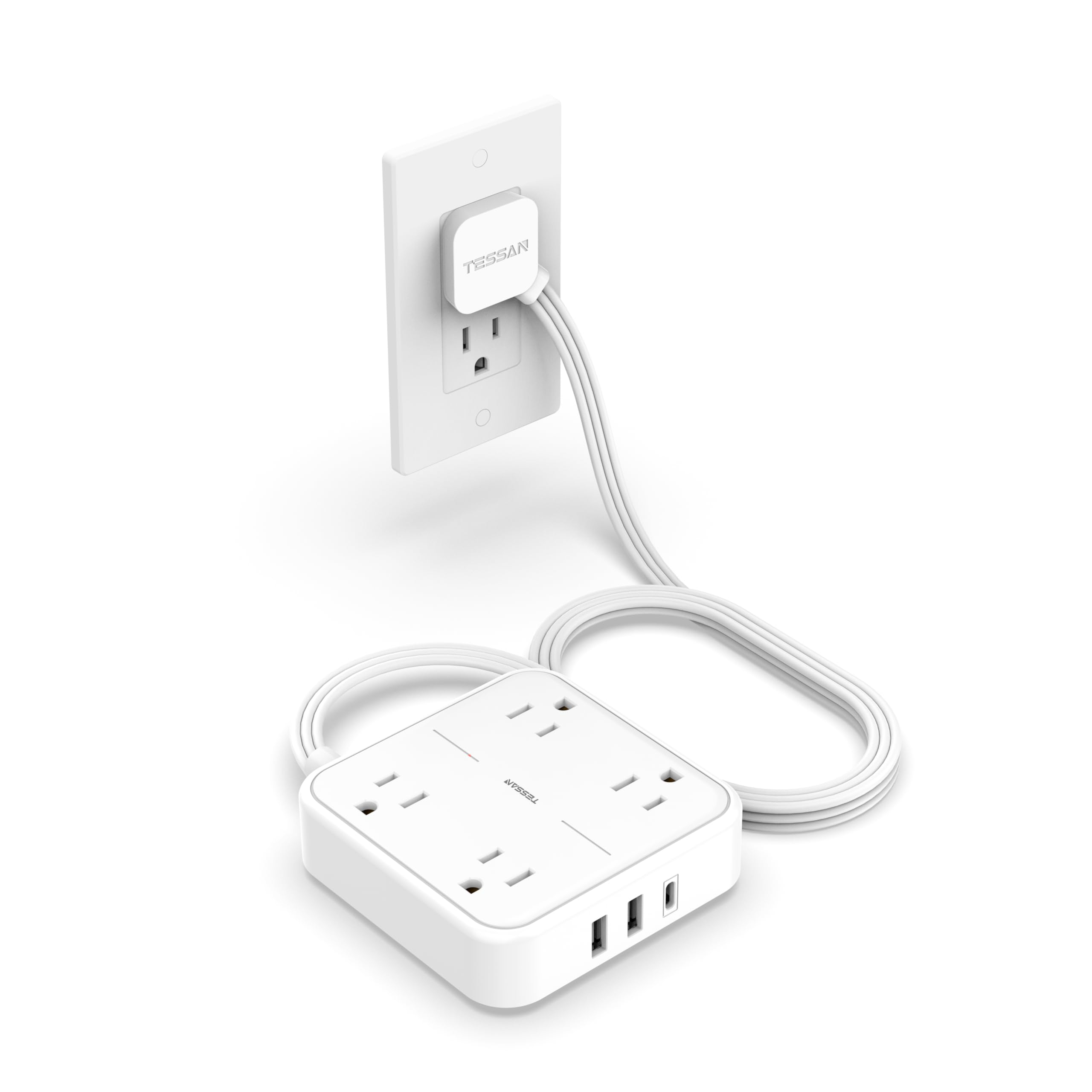 Craques flat plug extension cord 5 feet with multiple outlets and USB ports in white color