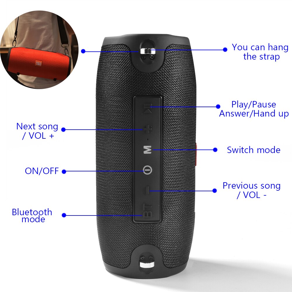 large waterproof bluetooth speaker black cylindrical design with labeled control buttons and hanging strap