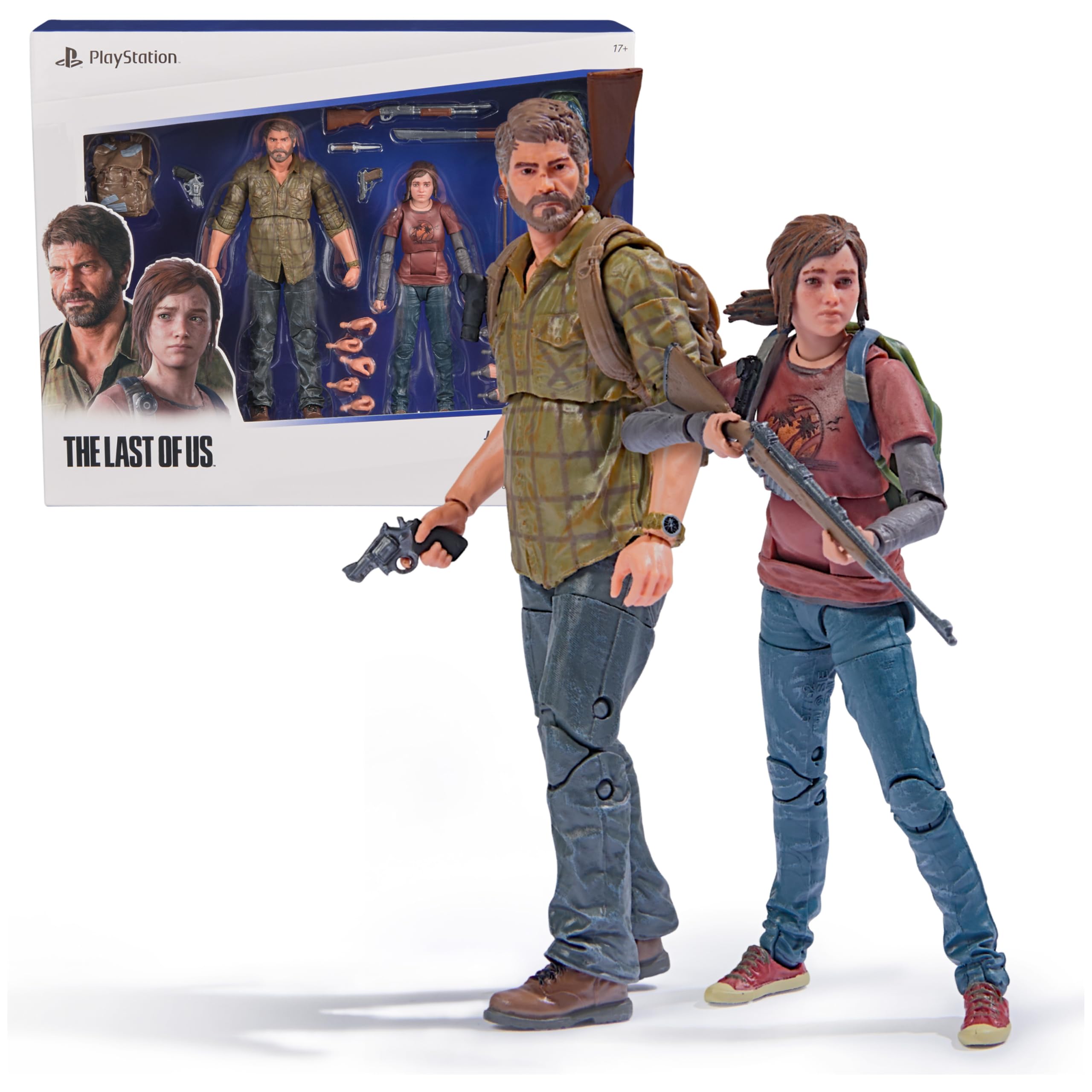 The Last of Us action figures featuring Joel and Ellie with weapons and detailed clothing