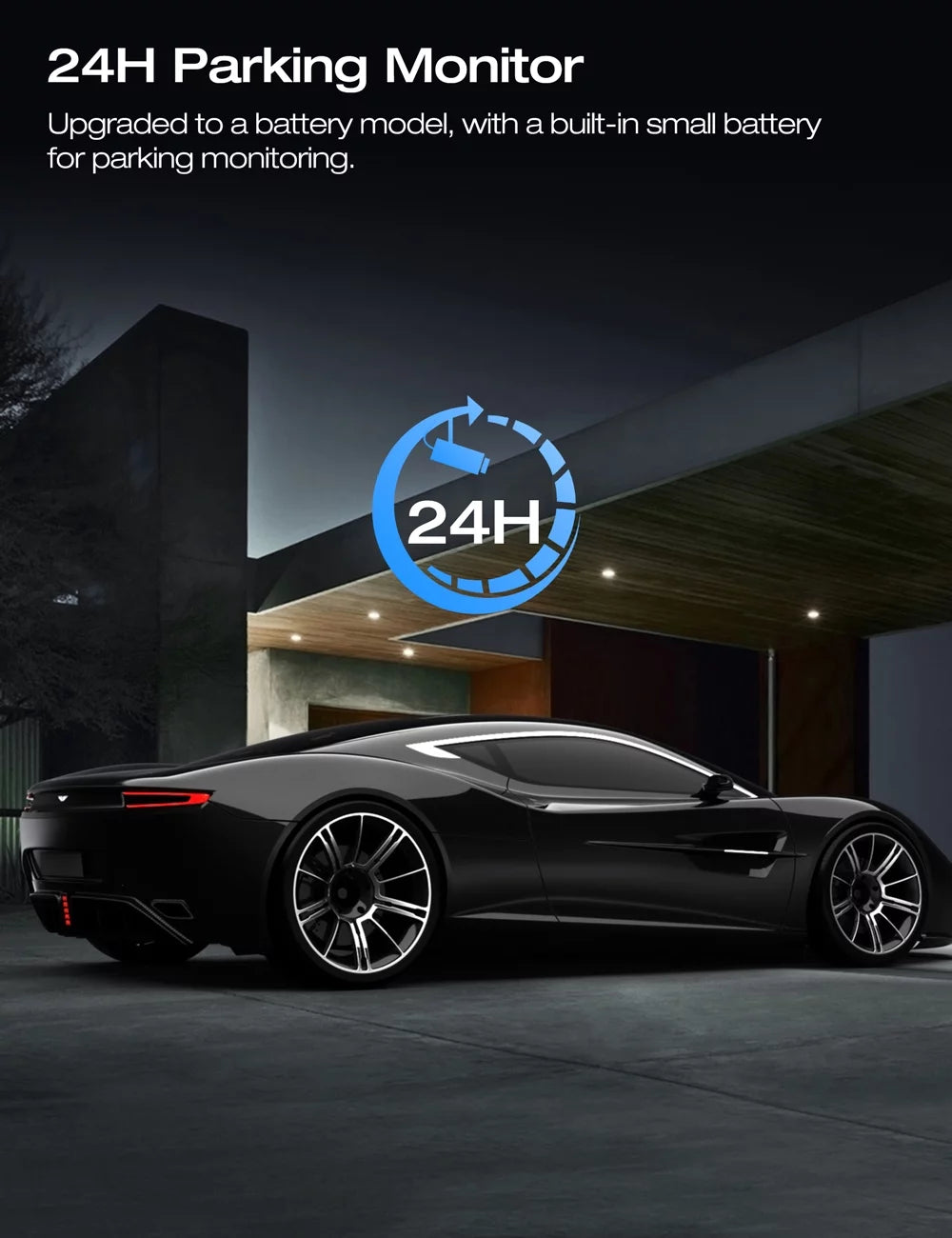 4K dual dash cam for car showing 24H parking monitor feature with built-in battery for night surveillance