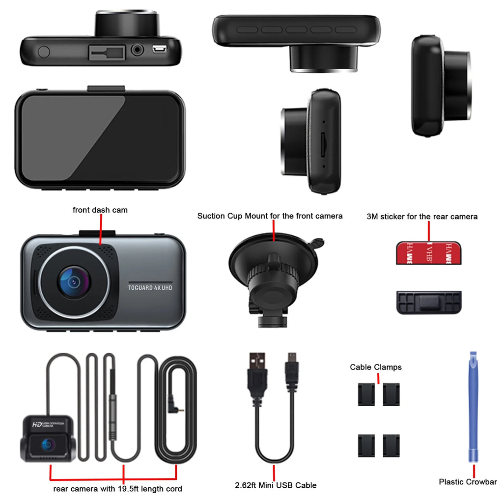 Craques 4K dual dash cam for car with front and rear cameras, suction cup mount, cables, and installation accessories