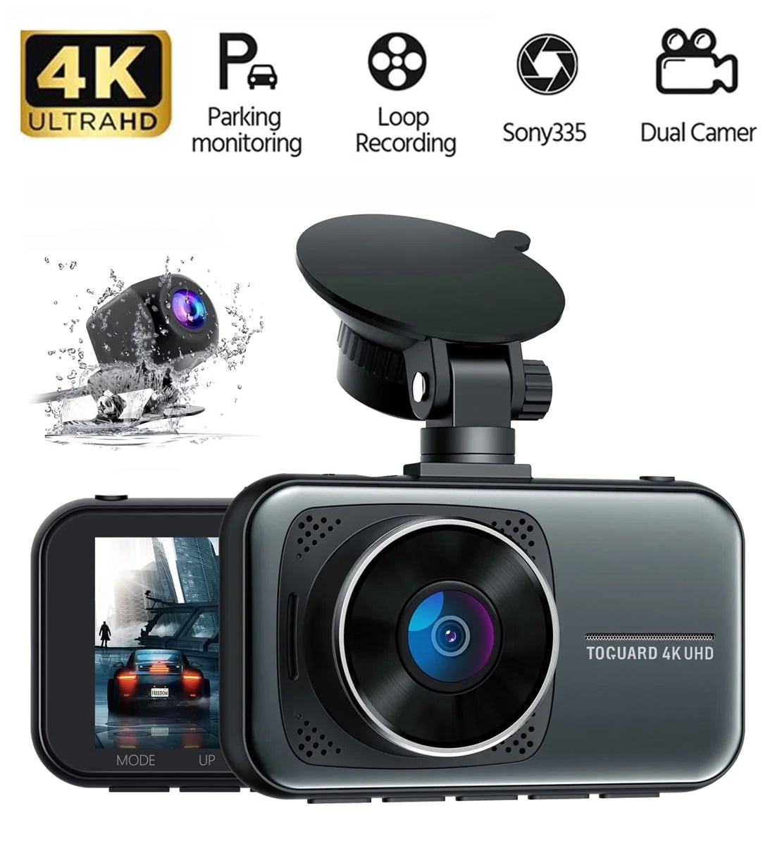 Craques 4K dual dash cam for car with parking monitoring loop recording and Sony335 dual camera